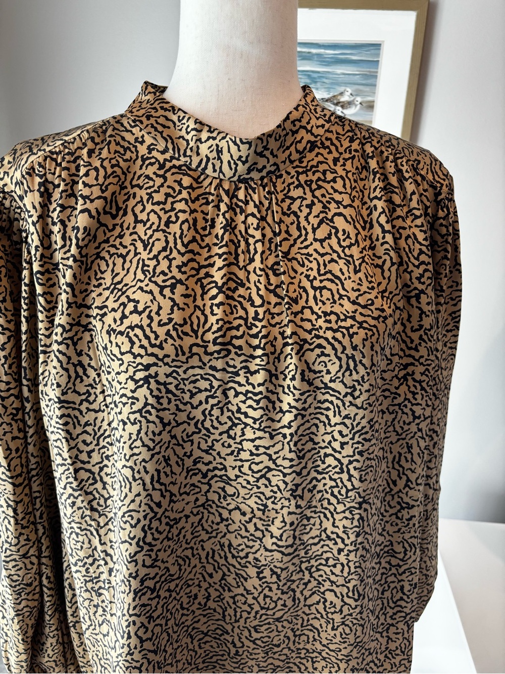 Frame Golden Beige Multi Silk Blouse with Black Abstract Motif